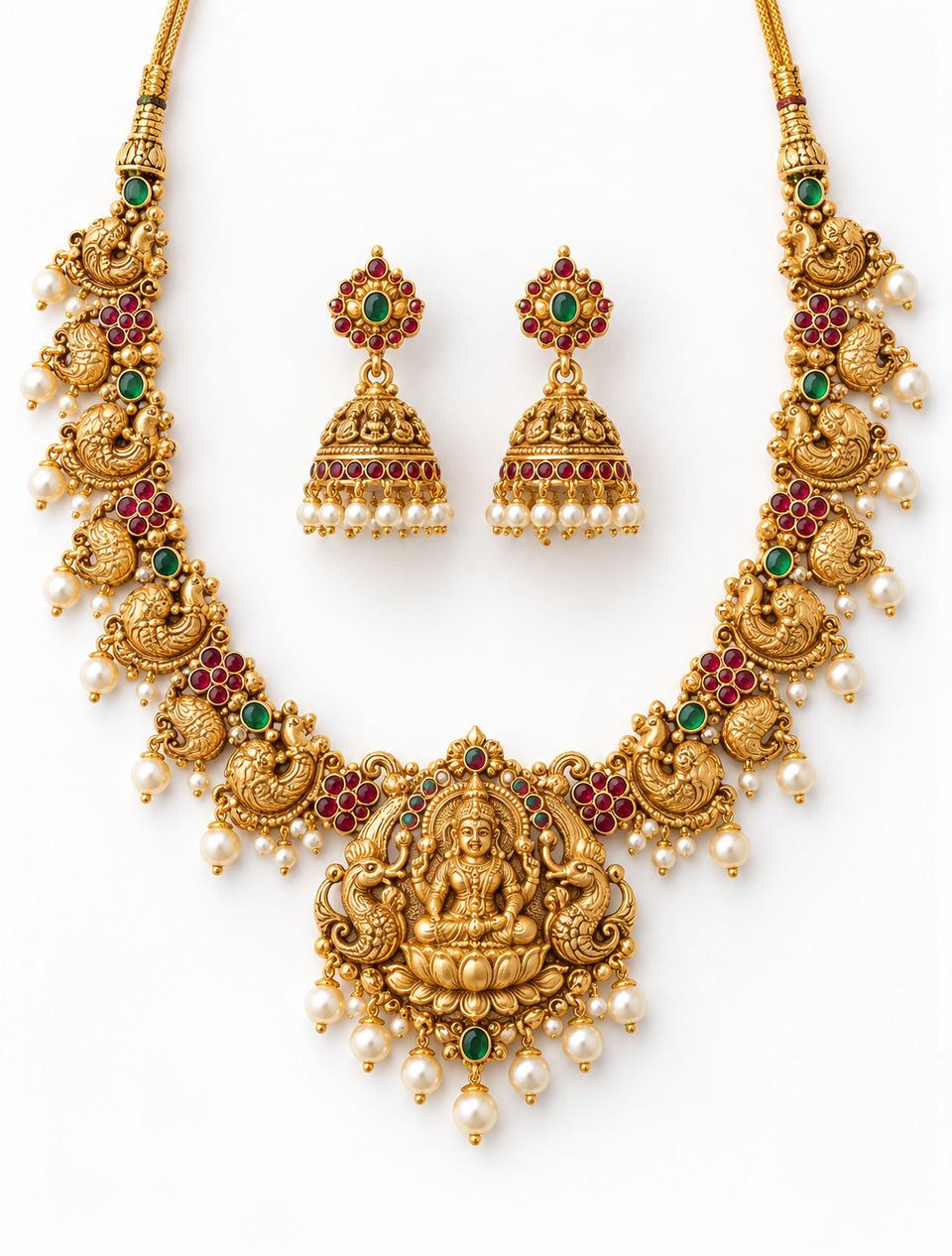 A gold temple necklace and matching jhumkas on white