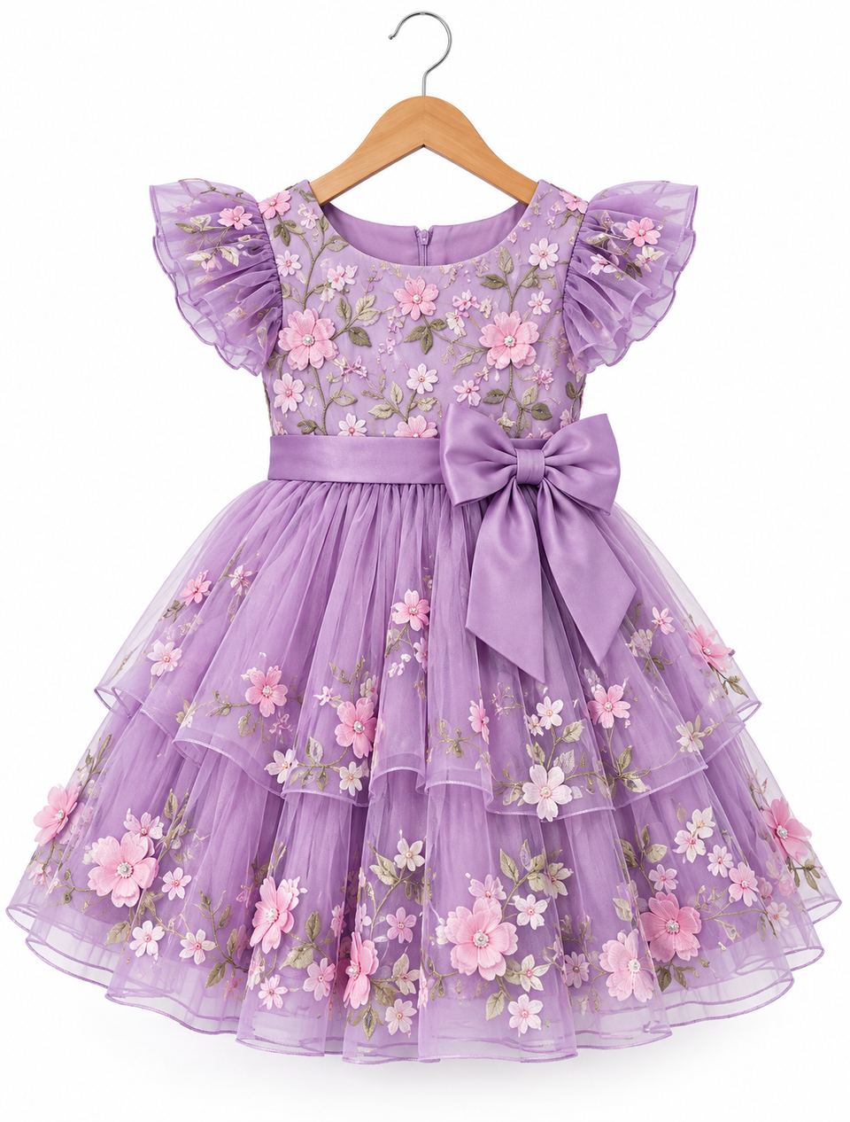 A lavender floral party frock on a wooden hanger