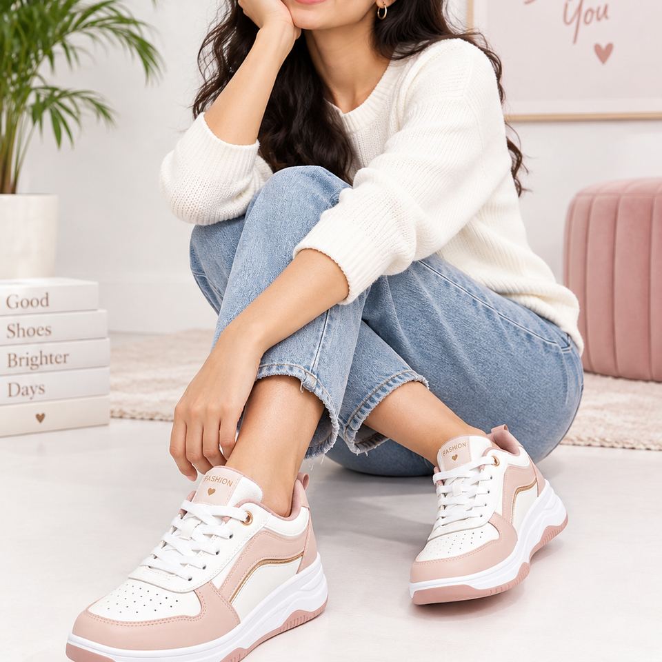 A woman wearing white and blush sneakers