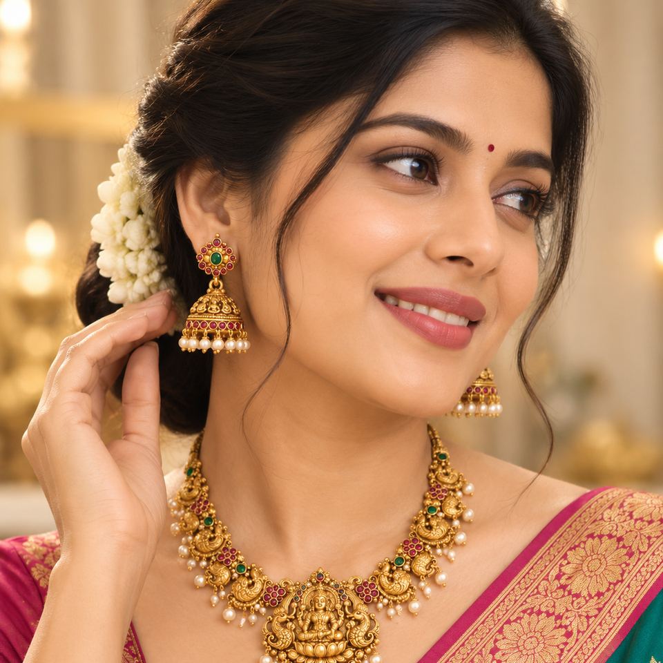 A model wearing a gold temple necklace and jhumkas