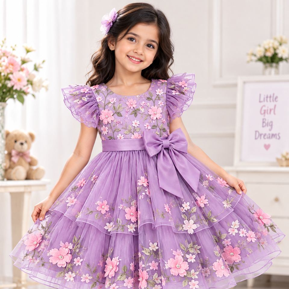 A young girl wearing a lavender party frock