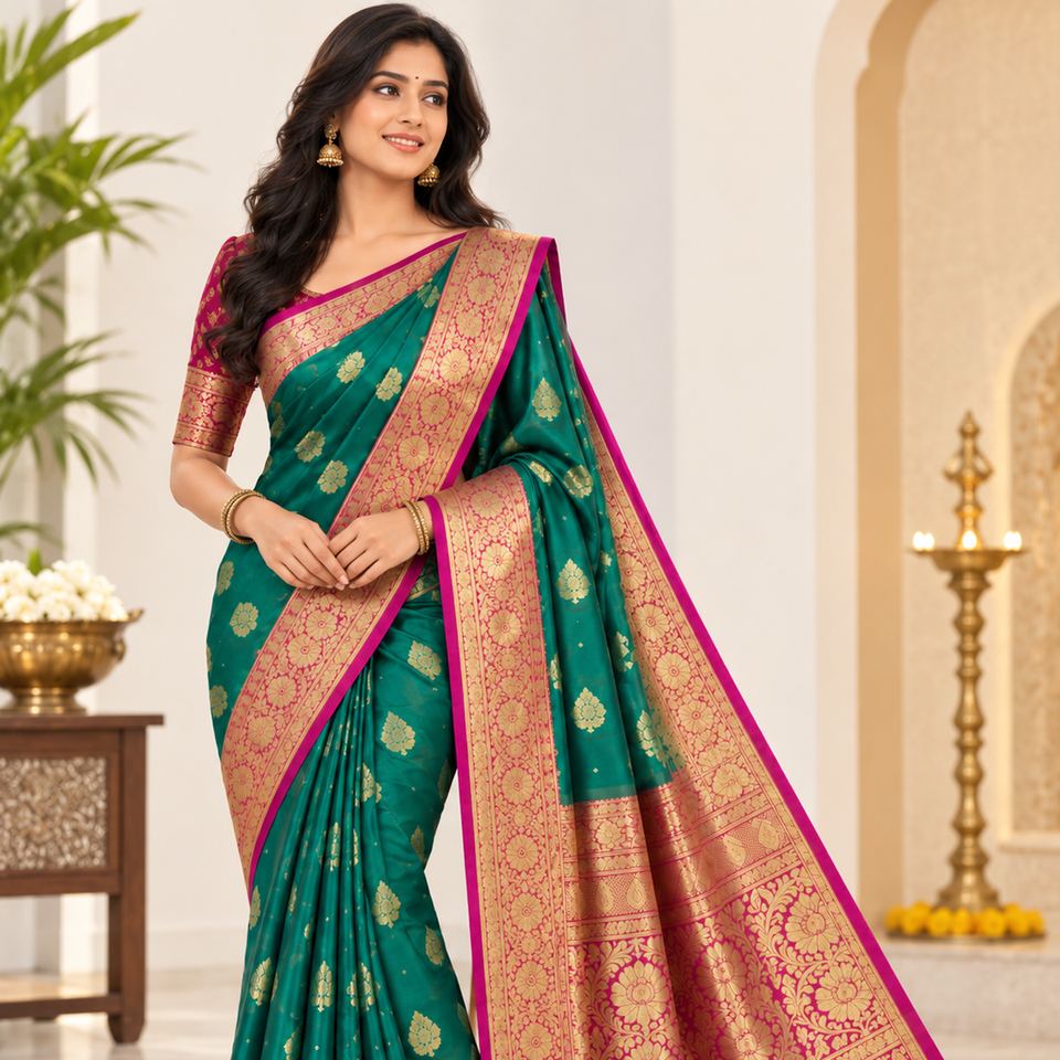 A model wearing a teal and magenta silk saree