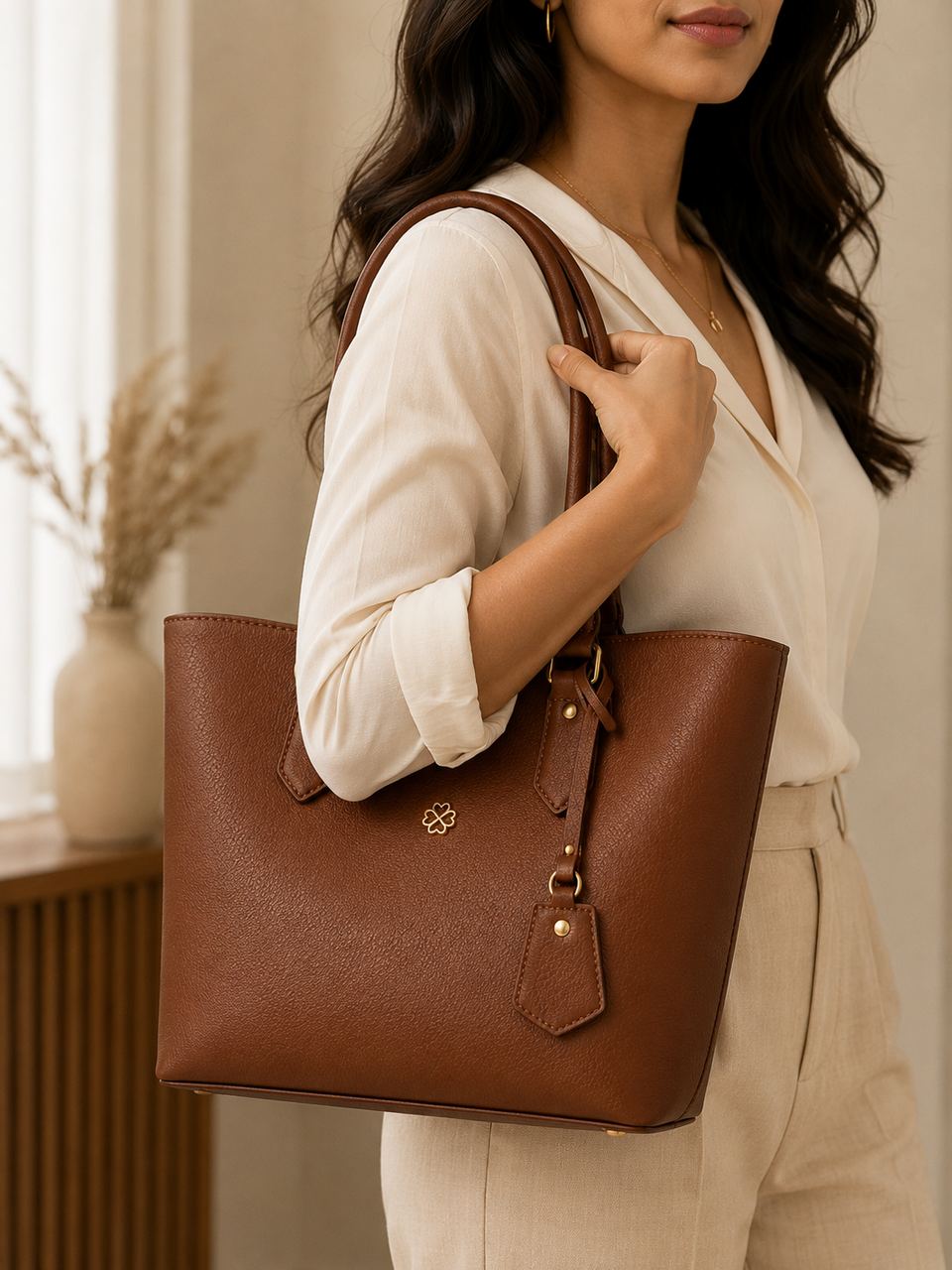 The tote carried on a model's shoulder