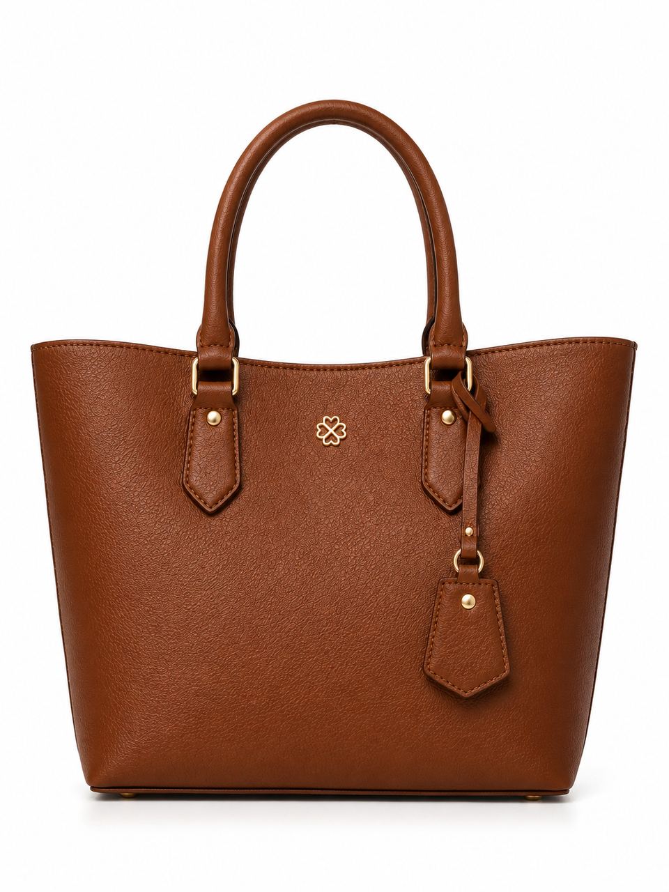 A tan leather tote photographed on a plain white background