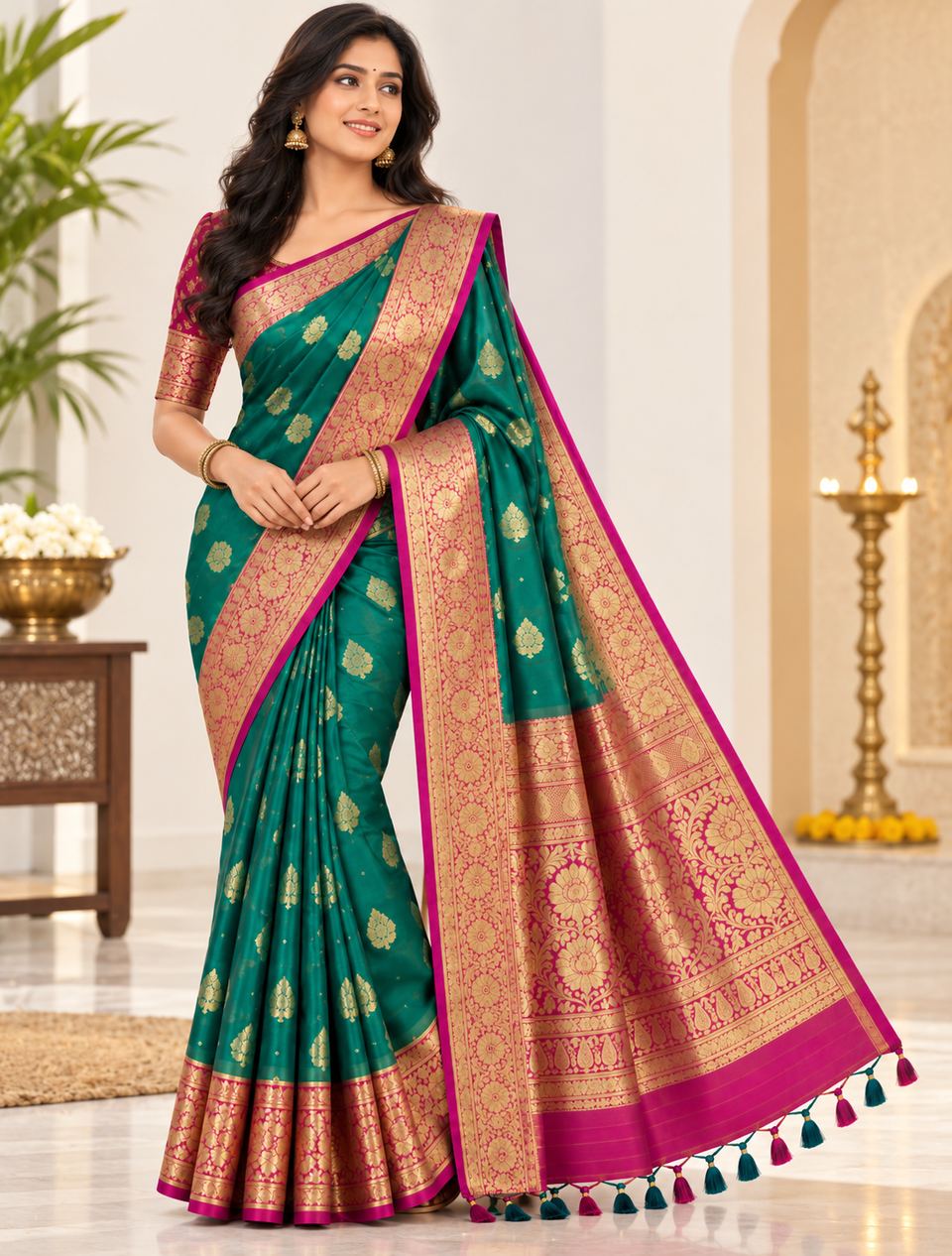 The same saree draped and styled on a model
