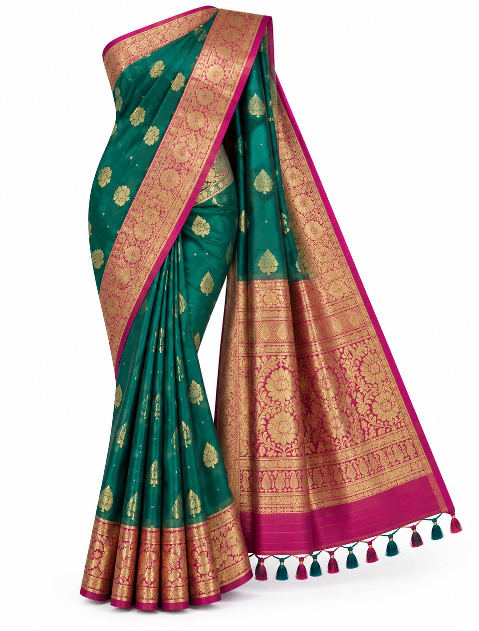 A teal and magenta saree photographed on its own