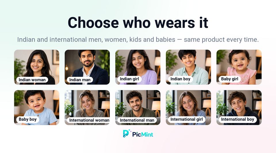 A grid of the model types PicMint can generate: Indian and international men, women, children and babies